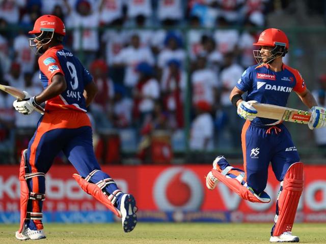 Delhi Daredevils batsmen JP Duminy (R) and Sanju Samson (L) run between the wickets. (AFP Photo)