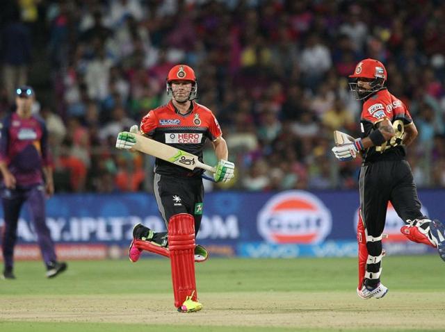 AB de Villiers and Virat Kohli in action against Rising Pune Supergiants during their IPL match at the MCAStadium in Pune on Friday. (PTI) AB de Villiers and Virat Kohli in action against Rising Pune Supergiants during their IPL match at the MCAStadium in Pune on Friday. (PTI)