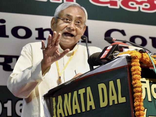Bihar chief minister and newly elected JD(U) president Nitish Kumar addresses the party's National Council Meeting in Patna on Saturday. (PTI Photo) Bihar chief minister and newly elected JD(U) president Nitish Kumar addresses the party's National Council Meeting in Patna on Saturday. (PTI Photo)