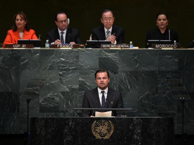 UN Messenger of Peace Leonardo DiCaprio addresses the United Nations Opening Ceremony of the High-Level Event for the Signature of the Paris Agreement on Climate, in New York on April 22, 2016.(AFP)