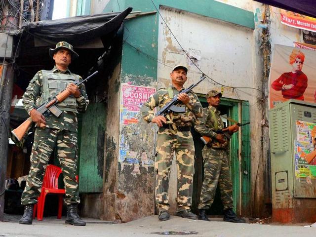 Securitymen keep strict vigil in front of a polling station in Howrah on the eve of the fourth phase of West Bengal assembly elections. (PTI) Securitymen keep strict vigil in front of a polling station in Howrah on the eve of the fourth phase of West Bengal assembly elections. (PTI)