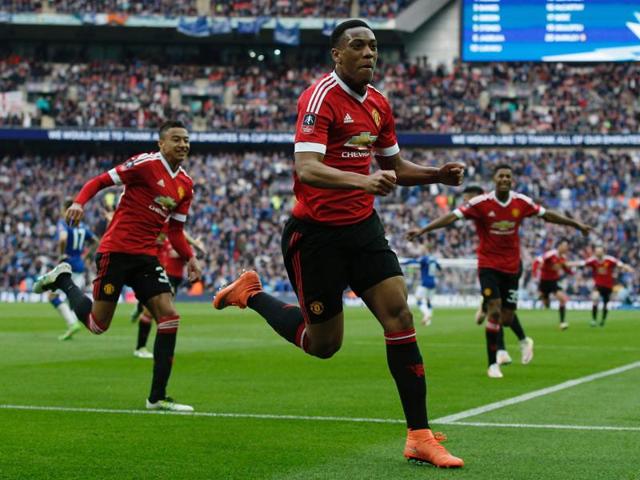 Manchester United's French striker Anthony Martial (C) celebrates after scoring their second goal. (AFP Photo) Manchester United's French striker Anthony Martial (C) celebrates after scoring their second goal. (AFP Photo)