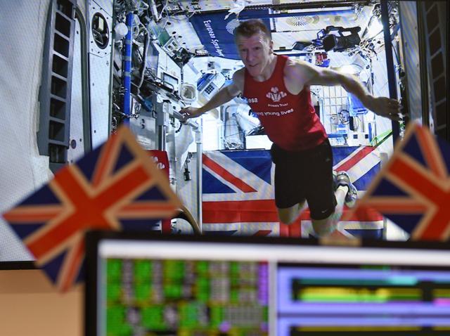 British astronaut Tim Peake is seen on a video screen transmitted from the International Space Station. (AP) British astronaut Tim Peake is seen on a video screen transmitted from the International Space Station. (AP)