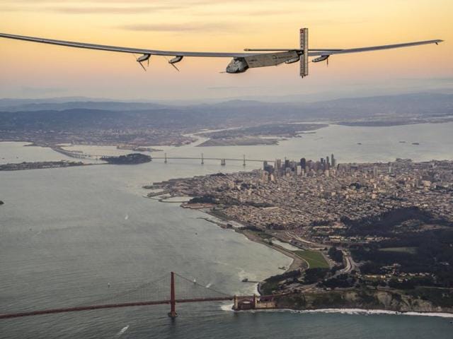 Solar Impulse 2, piloted by Bertrand Piccard of Switzerland, flies over the Golden Gate bridge in San Francisco, California. (Reuters Photo) Solar Impulse 2, piloted by Bertrand Piccard of Switzerland, flies over the Golden Gate bridge in San Francisco, California. (Reuters Photo)