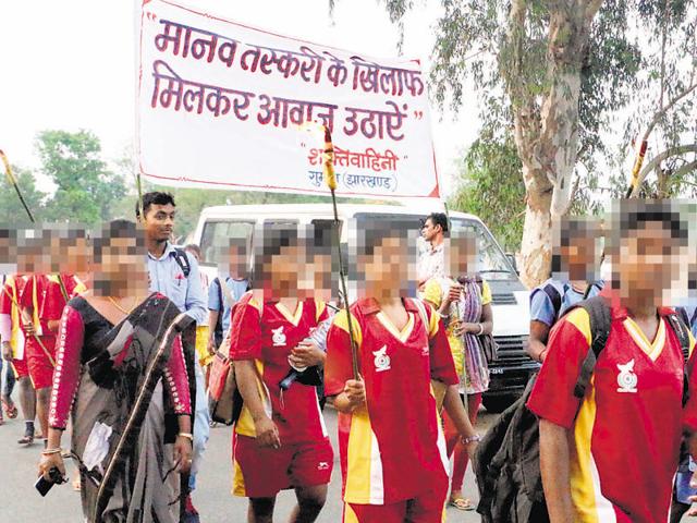 Schoolgirls in Jharkhand create awareness against human trafficking through public rallies.(Handout)