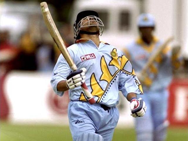 Sachin reacts after getting his century against Kenya in the 1999 World Cup. India won by 94 runs. (Getty Images)