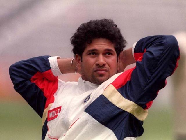 Tendulkar relaxes after a session at the nets in the Fosters Oval ahead of a one day international match. Adrian Murrell/Allsport. Getty Images.