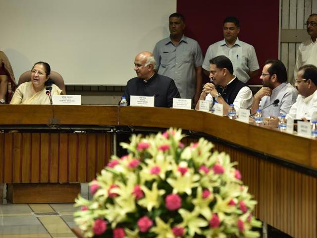 Sumitra Mahajan (Speaker of the Lok Sabha) during the All Party meeting on the eve of Parliament Session at Parliament House Library in New Delhi. (Photo by Virendra Singh Gosain/ Hindustan Times) (Hindustan Times) Sumitra Mahajan (Speaker of the Lok Sabha) during the All Party meeting on the eve of Parliament Session at Parliament House Library in New Delhi. (Photo by Virendra Singh Gosain/ Hindustan Times) (Hindustan Times)