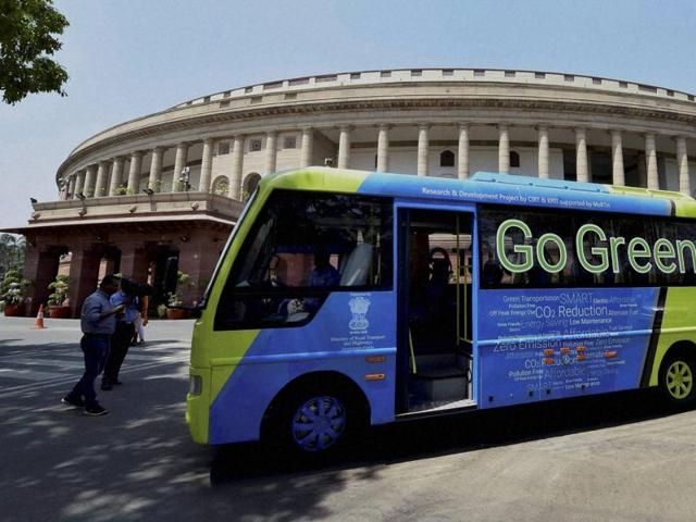 An electric bus which ferries lawmakers to Lok Sabha, at Parliament House on the first day of the second part of budget session in New Delhi on Monday. (PTI) An electric bus which ferries lawmakers to Lok Sabha, at Parliament House on the first day of the second part of budget session in New Delhi on Monday. (PTI)