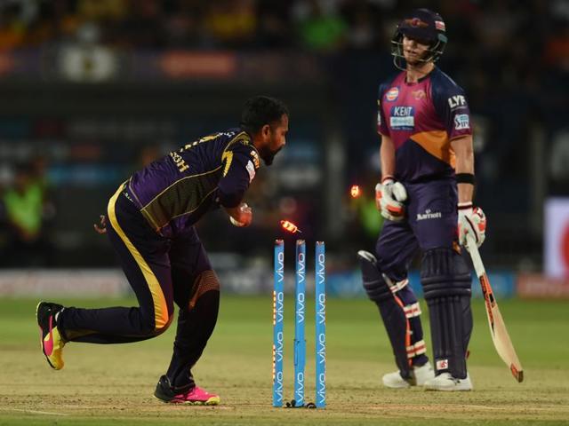 Kolkata Knight Riders’ Rajagopal Sathish (L) runs out Steven Smith. (AFP) Kolkata Knight Riders’ Rajagopal Sathish (L) runs out Steven Smith. (AFP)
