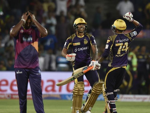 Umesh Yadav of Kolkata Knight Riders and Sunil Narine celebrate their win against Rising Pune Supergaints during the IPL match at the Maharashtra Cricket Association Stadium in Pune on April 24, 2016. (Anshuman Poyrekar/HT Photo) Umesh Yadav of Kolkata Knight Riders and Sunil Narine celebrate their win against Rising Pune Supergaints during the IPL match at the Maharashtra Cricket Association Stadium in Pune on April 24, 2016. (Anshuman Poyrekar/HT Photo)