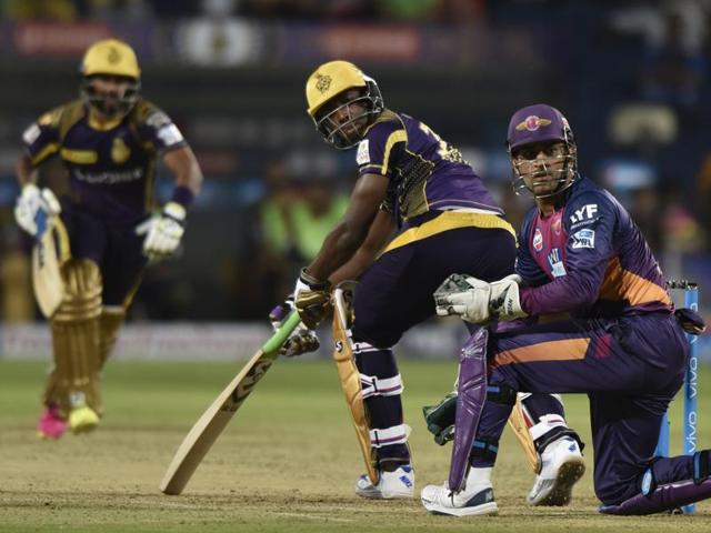 Andre Russell plays a paddle sweep. (Anshuman Poyrekar/HT Photo) Andre Russell plays a paddle sweep. (Anshuman Poyrekar/HT Photo)