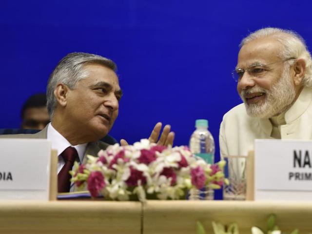 Prime Minister Narendra Modi and Justice TS Thakur during the inauguration of the Joint Conference of CMs & Chief Justices of High Courts at Vigyan Bhawan in New Delhi, April 24, 2016 (Sushil Kumar/ HT) Prime Minister Narendra Modi and Justice TS Thakur during the inauguration of the Joint Conference of CMs & Chief Justices of High Courts at Vigyan Bhawan in New Delhi, April 24, 2016 (Sushil Kumar/ HT)
