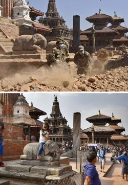 The Patan Durbar Square before and a year after the earthquake. (Gurinder Osan/Raj K Raj/HT Photo) The Patan Durbar Square before and a year after the earthquake. (Gurinder Osan/Raj K Raj/HT Photo)