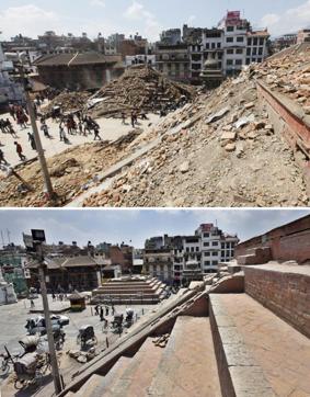 The Durbar Square in Kathmandu before and a year after the earthquake. (Raj K Raj/HT Photo) The Durbar Square in Kathmandu before and a year after the earthquake. (Raj K Raj/HT Photo)