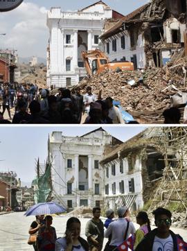 The Durbar Square before and a year after the earthquake. (Raj K Raj/HT Photo) The Durbar Square before and a year after the earthquake. (Raj K Raj/HT Photo)