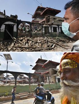 Hanuman Dhoka in Kathmandu before and a year after the earthquake. (Raj K Raj/HT Photo) Hanuman Dhoka in Kathmandu before and a year after the earthquake. (Raj K Raj/HT Photo)