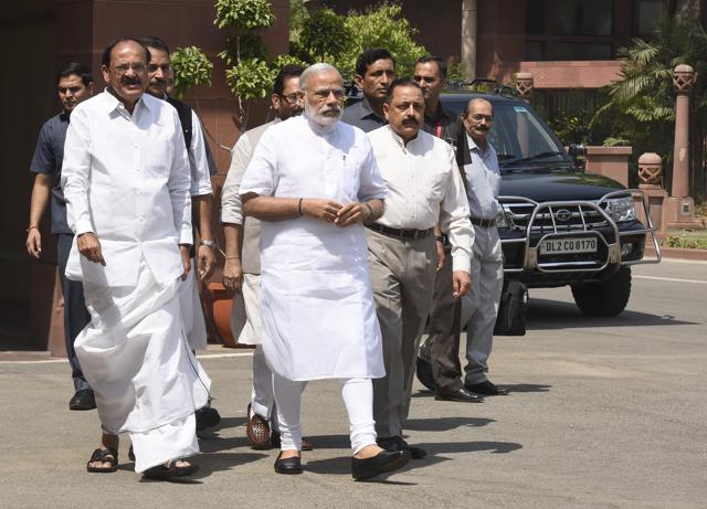 Prime Minister Narendra Modi, Parliamentary Affairs Minister Venkaiah Naidu, and Union Minister of state for Skill Development and Entrepreneurship Rajiv Pratap Rudy, Parliament Affair Minister Dr. Jitender Singh arrive at the Parliament House. Photo by Sonu Mehta/ Hindustan Times) (Hindustan Times) Prime Minister Narendra Modi, Parliamentary Affairs Minister Venkaiah Naidu, and Union Minister of state for Skill Development and Entrepreneurship Rajiv Pratap Rudy, Parliament Affair Minister Dr. Jitender Singh arrive at the Parliament House. Photo by Sonu Mehta/ Hindustan Times) (Hindustan Times)