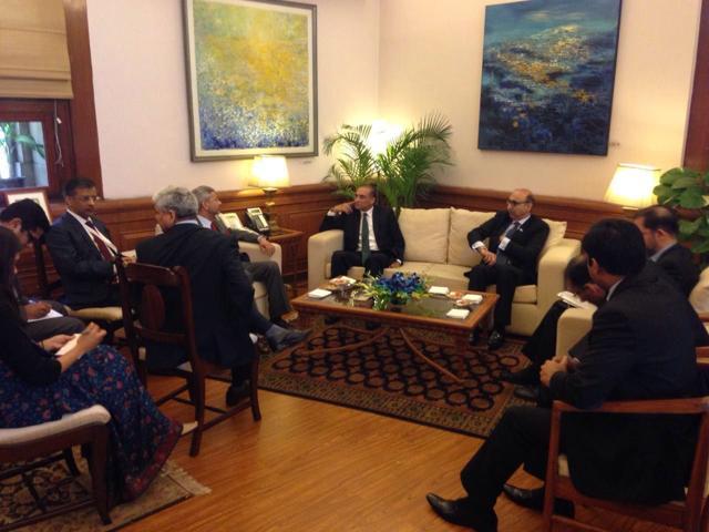 Indian foreign secretary S Jaishankar seen with his Pakistani counterpart Aizaz Ahmad Chaudhry, Pakistan high commissioner Abdul Basit and other officials in New Delhi on Tuesday. (HT Photo) Indian foreign secretary S Jaishankar seen with his Pakistani counterpart Aizaz Ahmad Chaudhry, Pakistan high commissioner Abdul Basit and other officials in New Delhi on Tuesday. (HT Photo)