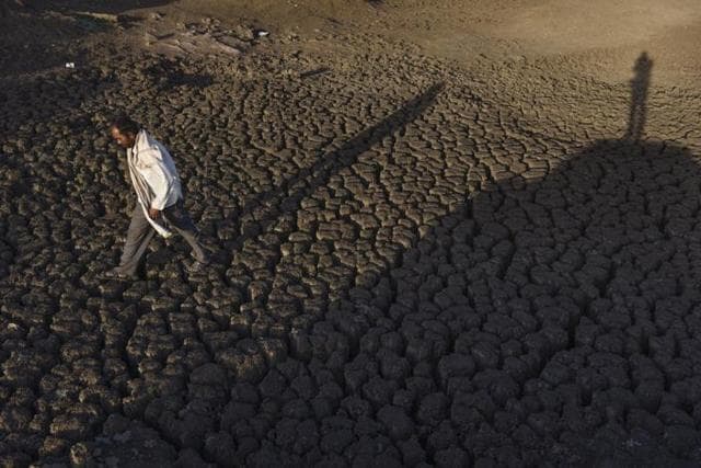 A summer of discontent looms over Maharashtra, with more than 34% of the state being declared under drought. In Marathwada’s Beed village, a man walks across the dried up Bendsura Dam. (Satish Bate/Hindustan Times)