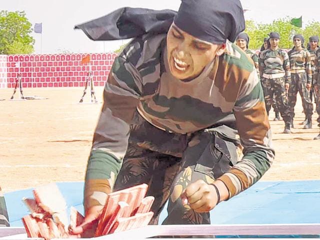 Female cadets of the Rajasthan Police Academy take part in a demonstration of martial art and self-defence techniques.(Prabhakar Sharma/HT Photo)