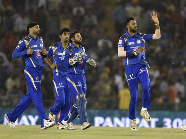Mumbai Indians players celebrate their victory against Kings XI Punjab in the IPL match at PCA IS Bindra stadium, in Mohali, on April 25, 2016. (Keshav Singh/HT Photo) Mumbai Indians players celebrate their victory against Kings XI Punjab in the IPL match at PCA IS Bindra stadium, in Mohali, on April 25, 2016. (Keshav Singh/HT Photo)