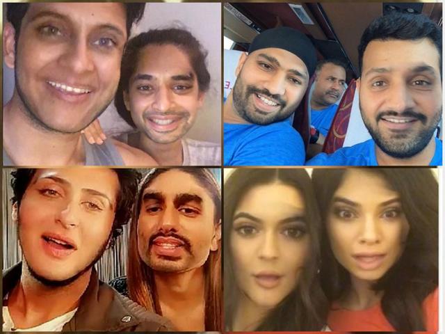(Clockwise from top left) Anusha Dandekar and Karan Kundra, Harbhajan Singha and Rohit Sharma, Kendall and Kylie Jenner, Arjun Kapoor and Kareena Kapoor. (Instagram)