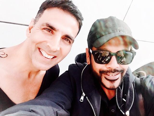 Rocky S with Akshay Kumar who plays a negative character in Shankar’s 2.o. (RockyStarWorld/Twitter) Rocky S with Akshay Kumar who plays a negative character in Shankar’s 2.o. (RockyStarWorld/Twitter)