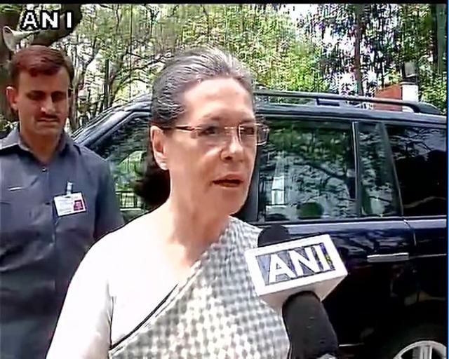 Congress president Sonia Gandhi talking to media persons outside Parliament House on April 27. (ANI Photo) Congress president Sonia Gandhi talking to media persons outside Parliament House on April 27. (ANI Photo)