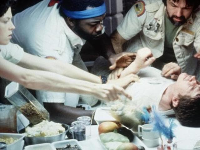 For the filming of the chestburster scene the cast members knew that the creature would be bursting out of Hurt, and had seen the chestburster puppet, but they had not been told that fake blood would also be bursting out in every direction from high-pressure pumps and squibs.