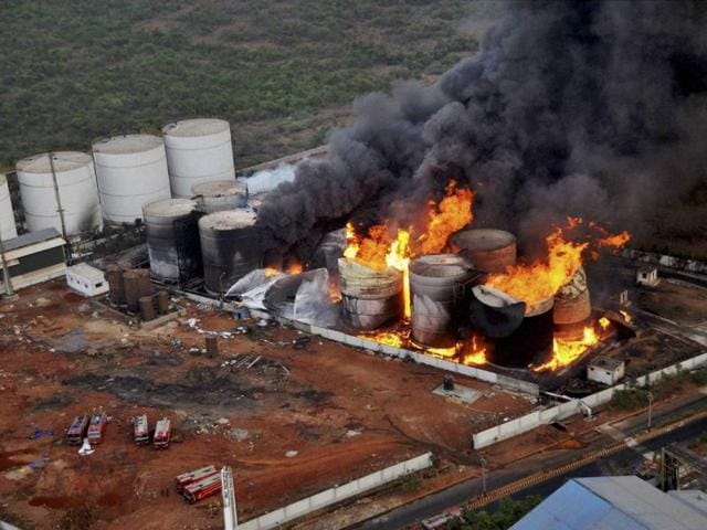 A massive fire broke out at Biomax Fuels Limited (BFL), a bio-diesel manufacturing unit at Visakhapatnam Special Economic Zone (VSEZ), Duvvada area in Visakhapatnam, on Wednesday. (PTI Photo) A massive fire broke out at Biomax Fuels Limited (BFL), a bio-diesel manufacturing unit at Visakhapatnam Special Economic Zone (VSEZ), Duvvada area in Visakhapatnam, on Wednesday. (PTI Photo)