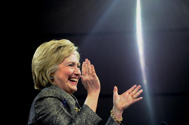 Democratic presidential candidate Hillary Clinton arrives onstage at her victory party at the Convention Center in Philadelphia on Tuesday. (AP) Democratic presidential candidate Hillary Clinton arrives onstage at her victory party at the Convention Center in Philadelphia on Tuesday. (AP)