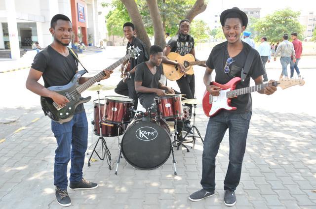 African students who have formed a band that covers Punjabi songs, in Jalandhar on Wednesday. (Pardeep Pandit/HT Photo)
