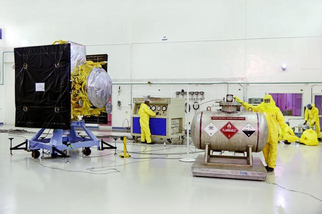 Fuel filling of IRNSS-1G in progress at Satish Dhawan Space Centre. (ISRO)