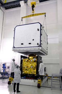 IRNSS-1G being de-containerised at clean room at SDSC SHAR. (ISRO)