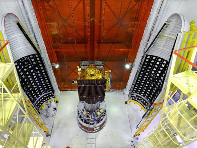 IRNSS-1G spacecraft integrated with PSLV-C33 with two halves of the heat shields seen.(ISRO)