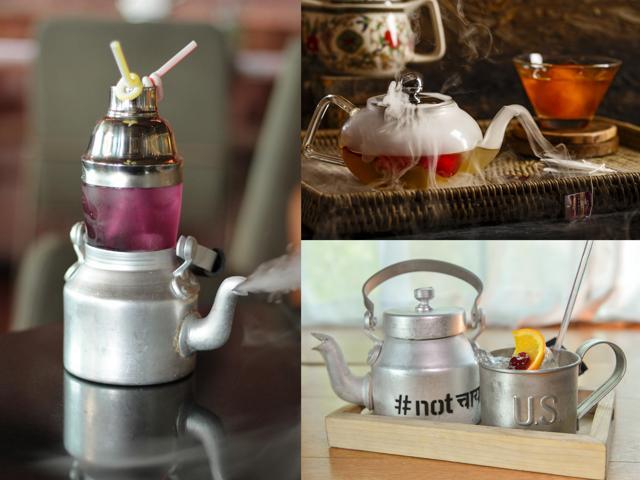 (Clockwise from left) That chai ketli cocktail at Molecule Air Bar; ‘Inception’ cocktail served in a smoked kettle at Sandys Cocktails & Kitchen, Gurgaon and The US Mule, an Earl Grey-infused cocktail at Odeon Social. (Clockwise from left) That chai ketli cocktail at Molecule Air Bar; ‘Inception’ cocktail served in a smoked kettle at Sandys Cocktails & Kitchen, Gurgaon and The US Mule, an Earl Grey-infused cocktail at Odeon Social.