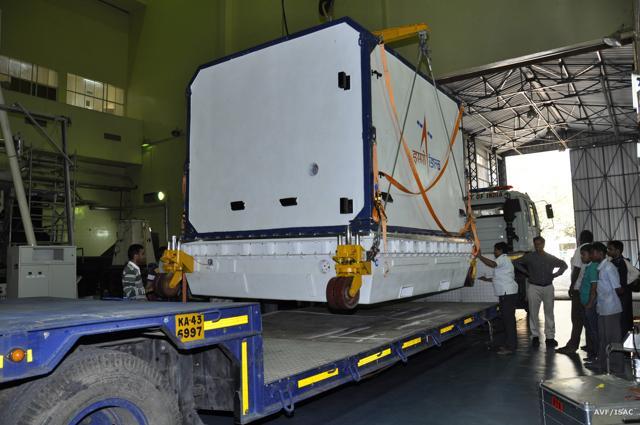 Container with IRNSS-1G is being loaded on to the truck for transportation to SDSC SHAR from ISITE, ISAC Bengaluru. (ISRO)