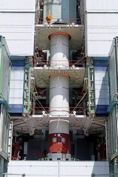 PSLV-C33 core stage integrated over the launch pedestal. (ISRO)