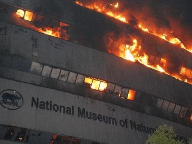 A fire broke out early on April 26 morning at the National Museum of Natural History, next to the Ficci, KK Birla Auditorium at Mandi House in New Delhi. (Ashok Nigam/Hindustan Times) A fire broke out early on April 26 morning at the National Museum of Natural History, next to the Ficci, KK Birla Auditorium at Mandi House in New Delhi. (Ashok Nigam/Hindustan Times)