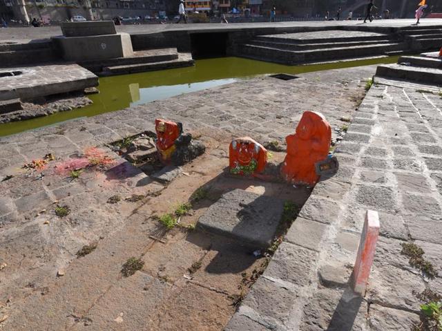 Many natural springs along the Godavari’s river’s bed have been covered with stone slabs or concrete, in Nashik. (Vijayanand Gupta/HT Photo)
