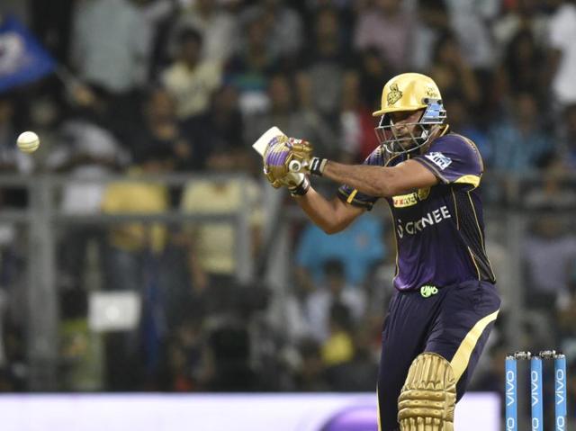Yusuf Pathan of Kolkata Knight Riders hits a shot. (Arijit Sen/HT Photo) 