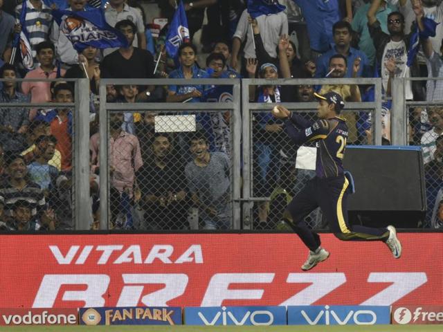 Suryakumar Yadav takes a leaping catch to dismiss Ambati Rayudu. (Arijit Sen/HT Photo) 