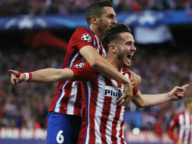 Saul Niguez celebrates with Koke after scoring the first goal for Atletico Madrid. (Reuters Photo) Saul Niguez celebrates with Koke after scoring the first goal for Atletico Madrid. (Reuters Photo)