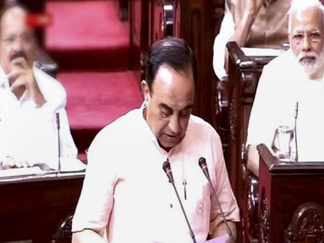 Bharatiya Janata Party leader Subramanian Swamy on Thursday made some controversial remarks in Rajya Sabha which the Chair expunged and warned him of action for “unnecessarily provoking” members on the Opposition.(PTI Photo)
