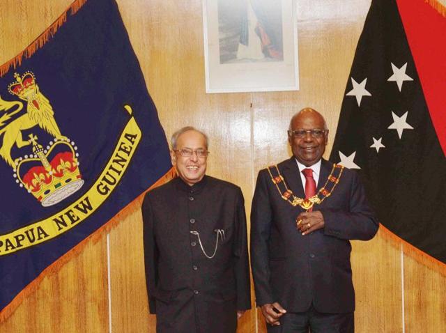 President Pranab Mukherjee with grand chief Sir Michael Ogio, governor general of Papua New Guinea, at the Government House in Port Moresby, Papua New Guinea. (PTI Photo) President Pranab Mukherjee with grand chief Sir Michael Ogio, governor general of Papua New Guinea, at the Government House in Port Moresby, Papua New Guinea. (PTI Photo)