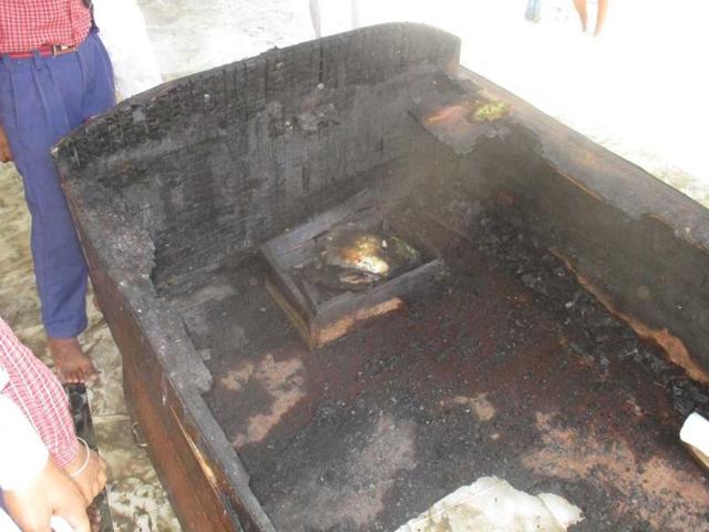 The burnt pedestal at the gurdwara in Makhu village, Ferozepur, on Friday. (HT Photo) The burnt pedestal at the gurdwara in Makhu village, Ferozepur, on Friday. (HT Photo)