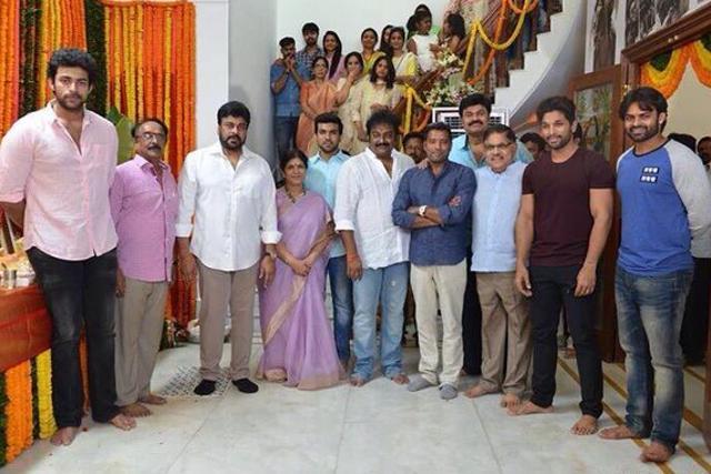 Chiranjeevi with family members and friends at the launch of his new film. Chiranjeevi with family members and friends at the launch of his new film.