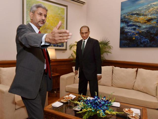 Foreign secretary S Jaishankar with his Pakistani counterpart Aizaz Ahmad Chaudhry in New Delhi on Tuesday. (PTI) Foreign secretary S Jaishankar with his Pakistani counterpart Aizaz Ahmad Chaudhry in New Delhi on Tuesday. (PTI)