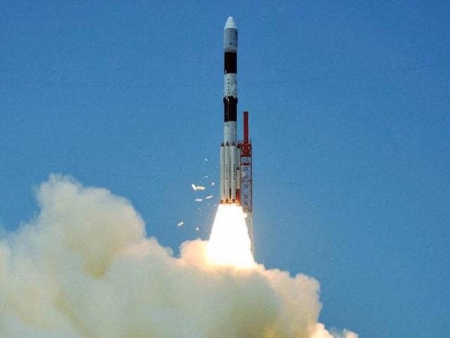 The IRNSS-1G lifts off successfully from the Satish Dhawan Space Centre, Sriharikota in Andhra Pradesh on Thursday. The satellite completes India’s network of seven satellites for a regional navigation system.(PTI)
